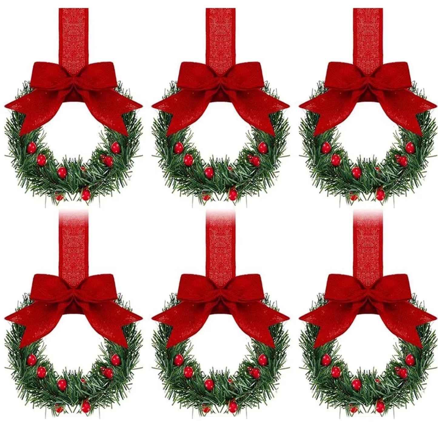 6PCS Christmas Home Wreaths with Plaid Bow Ribbon Hanging Cabinet Doors Wreath Decorative for Kitchen Window Holiday Decor