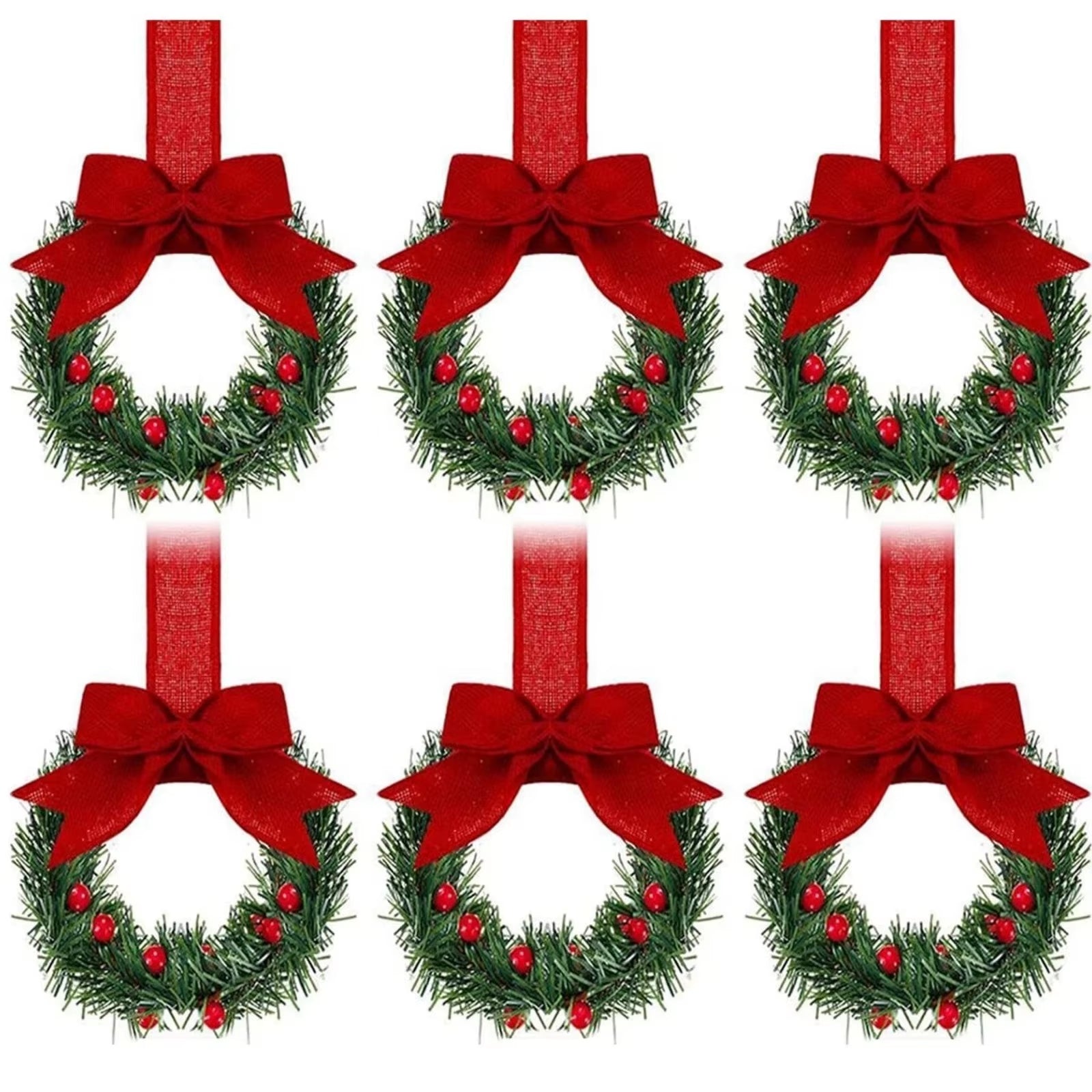 6PCS Christmas Home Wreaths with Plaid Bow Ribbon Hanging Cabinet Doors Wreath Decorative for Kitchen Window Holiday Decor