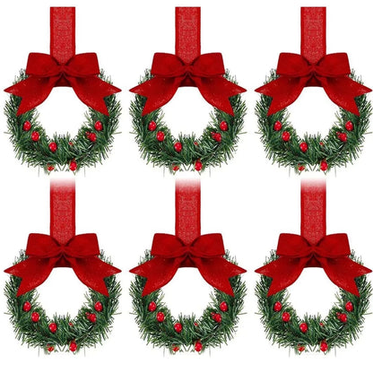 6PCS Christmas Home Wreaths with Plaid Bow Ribbon Hanging Cabinet Doors Wreath Decorative for Kitchen Window Holiday Decor