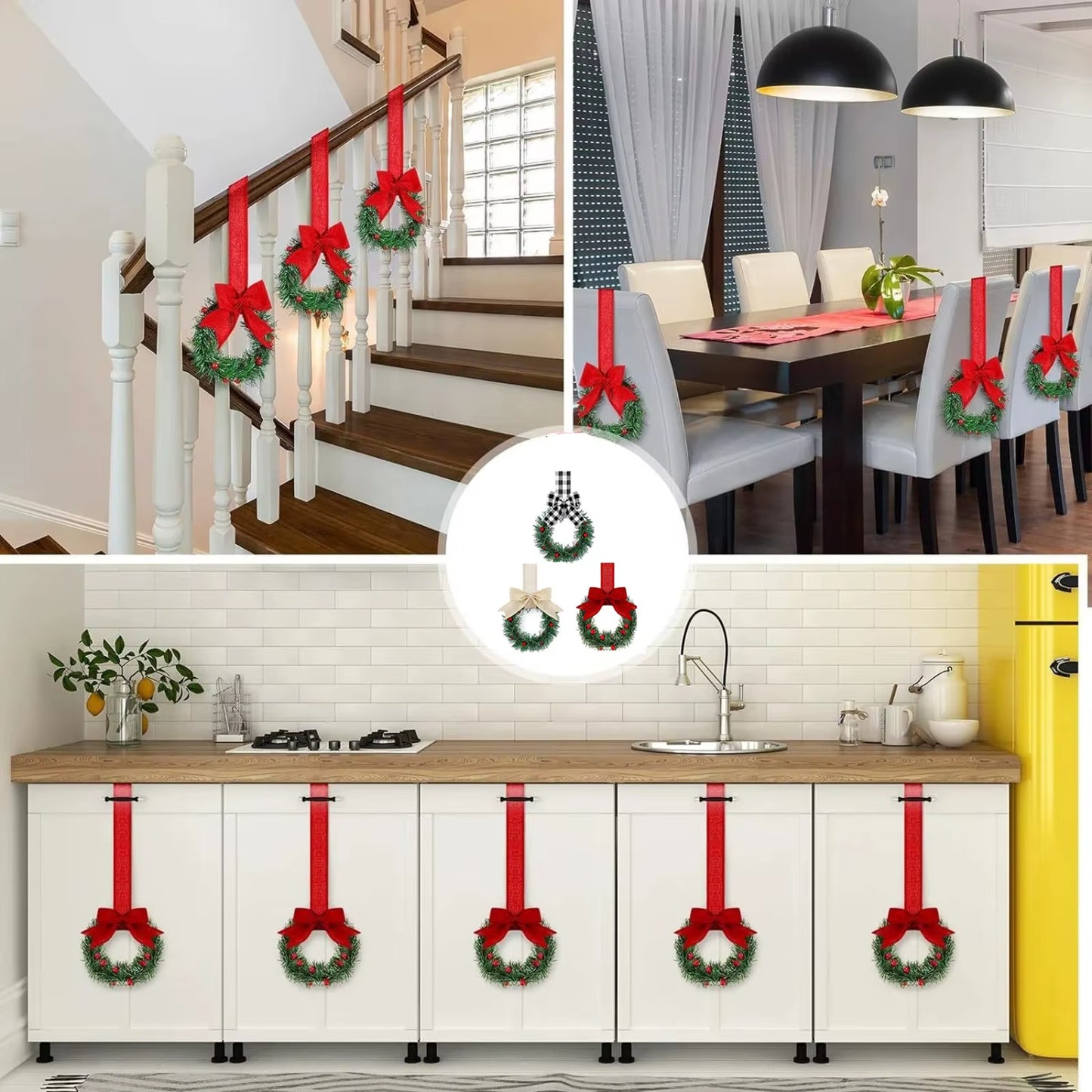 6PCS Christmas Home Wreaths with Plaid Bow Ribbon Hanging Cabinet Doors Wreath Decorative for Kitchen Window Holiday Decor