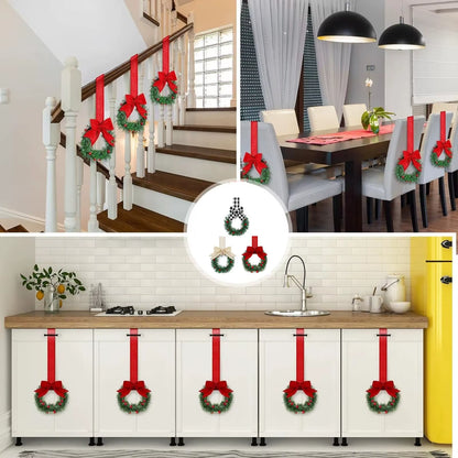 6PCS Christmas Home Wreaths with Plaid Bow Ribbon Hanging Cabinet Doors Wreath Decorative for Kitchen Window Holiday Decor