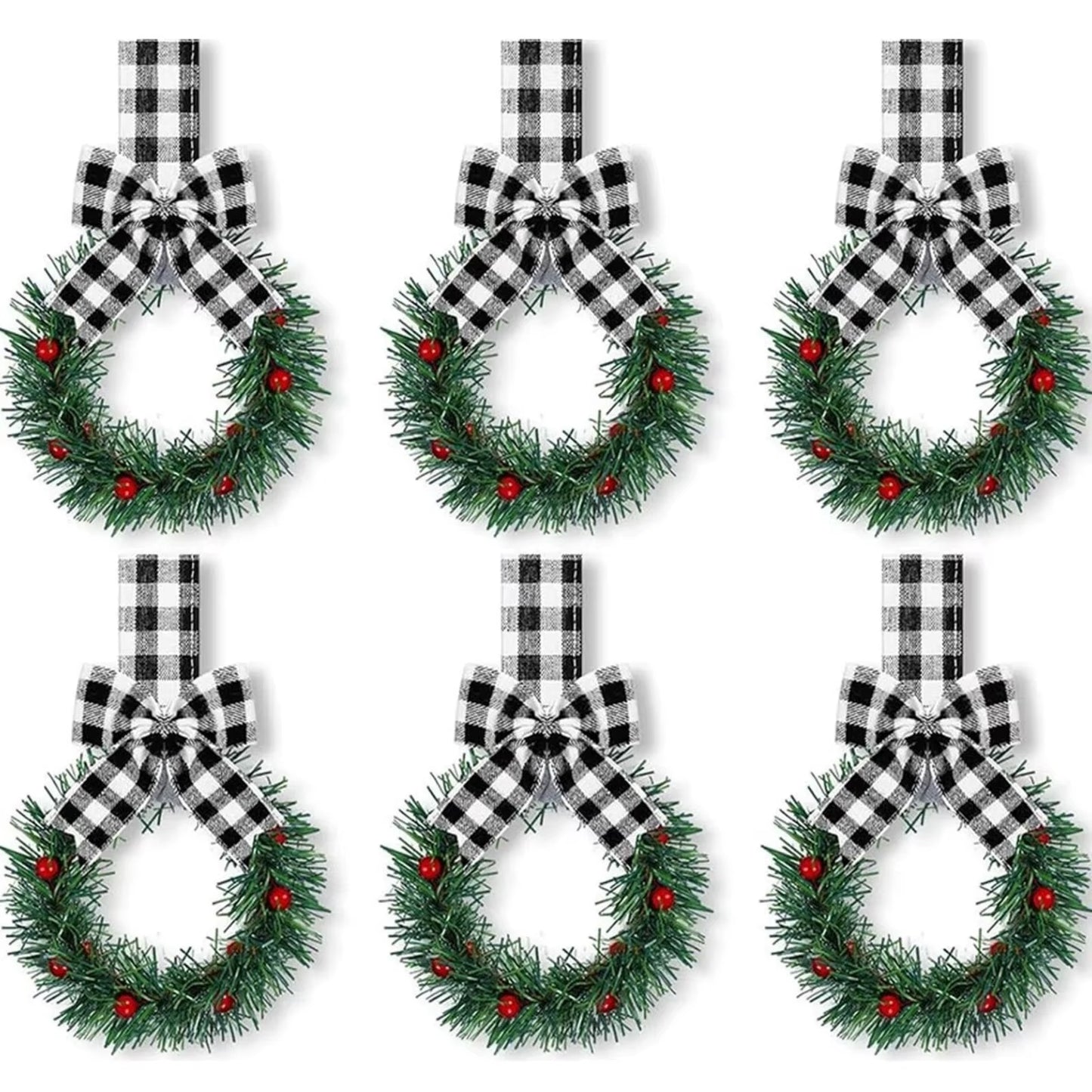 6PCS Christmas Home Wreaths with Plaid Bow Ribbon Hanging Cabinet Doors Wreath Decorative for Kitchen Window Holiday Decor