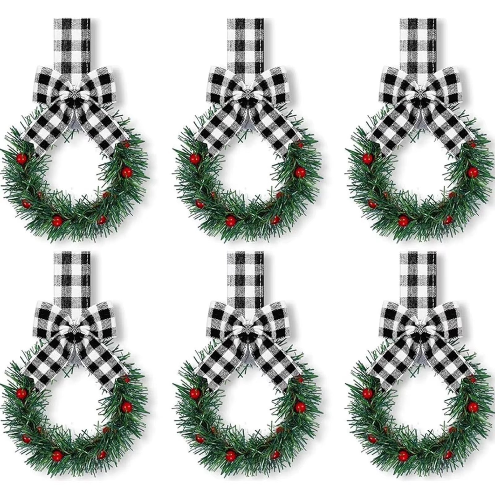 6PCS Christmas Home Wreaths with Plaid Bow Ribbon Hanging Cabinet Doors Wreath Decorative for Kitchen Window Holiday Decor