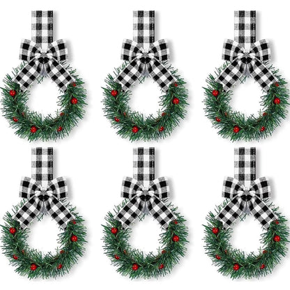 6PCS Christmas Home Wreaths with Plaid Bow Ribbon Hanging Cabinet Doors Wreath Decorative for Kitchen Window Holiday Decor