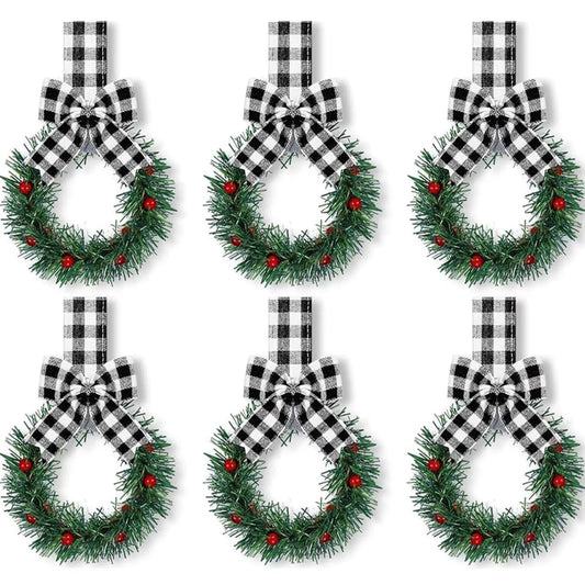 6PCS Christmas Home Wreaths with Plaid Bow Ribbon Hanging Cabinet Doors Wreath Decorative for Kitchen Window Holiday Decor