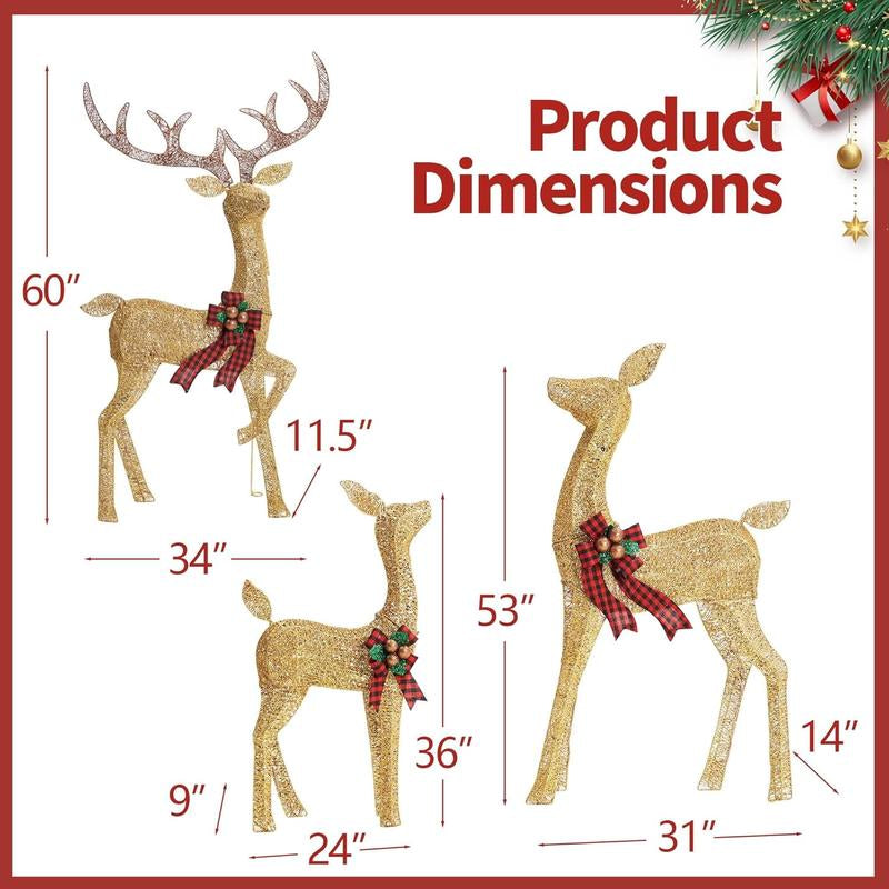 FOOWIN 3D Large Lighted Christmas Deer Family Set, 3-Piece 4.8Ft Pre-Lit Reindeer Outdoor Christmas Decoration with 210 LED Lights, Red Bows,Stakes, for Yard Patio Lawn Garden Courtyard