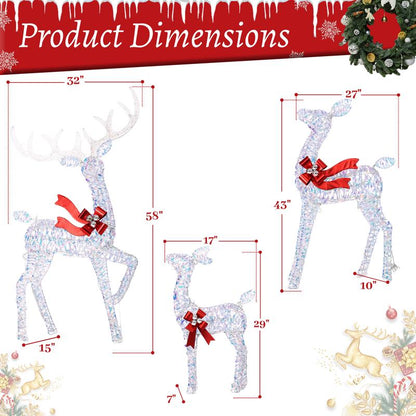 FOOWIN 3D Large Lighted Christmas Deer Family Set, 3-Piece 4.8Ft Pre-Lit Reindeer Outdoor Christmas Decoration with 210 LED Lights, Red Bows,Stakes, for Yard Patio Lawn Garden Courtyard