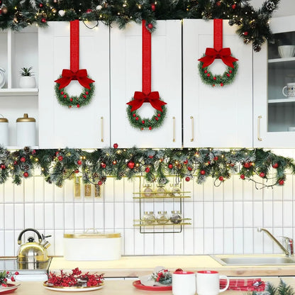 6PCS Christmas Home Wreaths with Plaid Bow Ribbon Hanging Cabinet Doors Wreath Decorative for Kitchen Window Holiday Decor