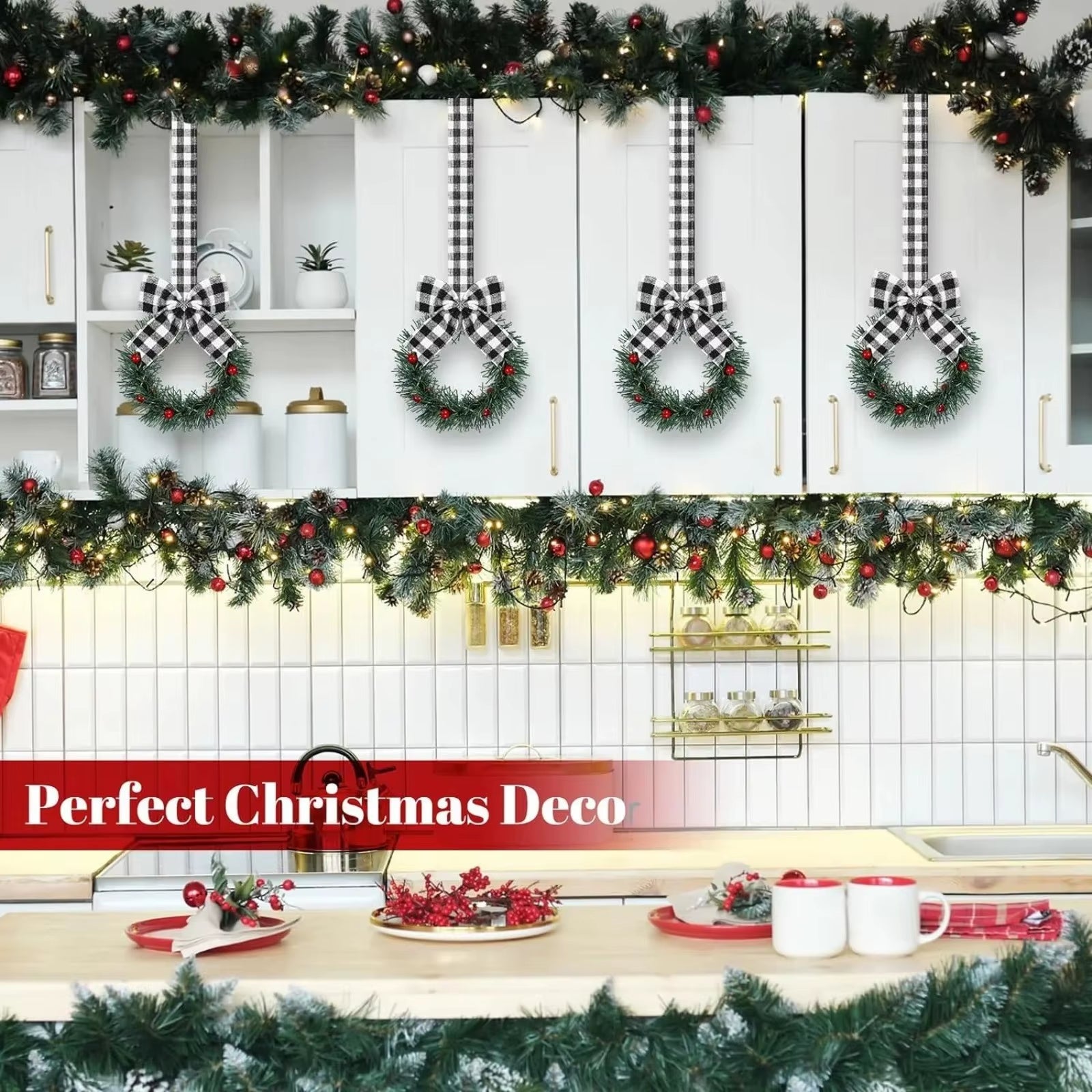6PCS Christmas Home Wreaths with Plaid Bow Ribbon Hanging Cabinet Doors Wreath Decorative for Kitchen Window Holiday Decor
