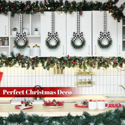 6PCS Christmas Home Wreaths with Plaid Bow Ribbon Hanging Cabinet Doors Wreath Decorative for Kitchen Window Holiday Decor