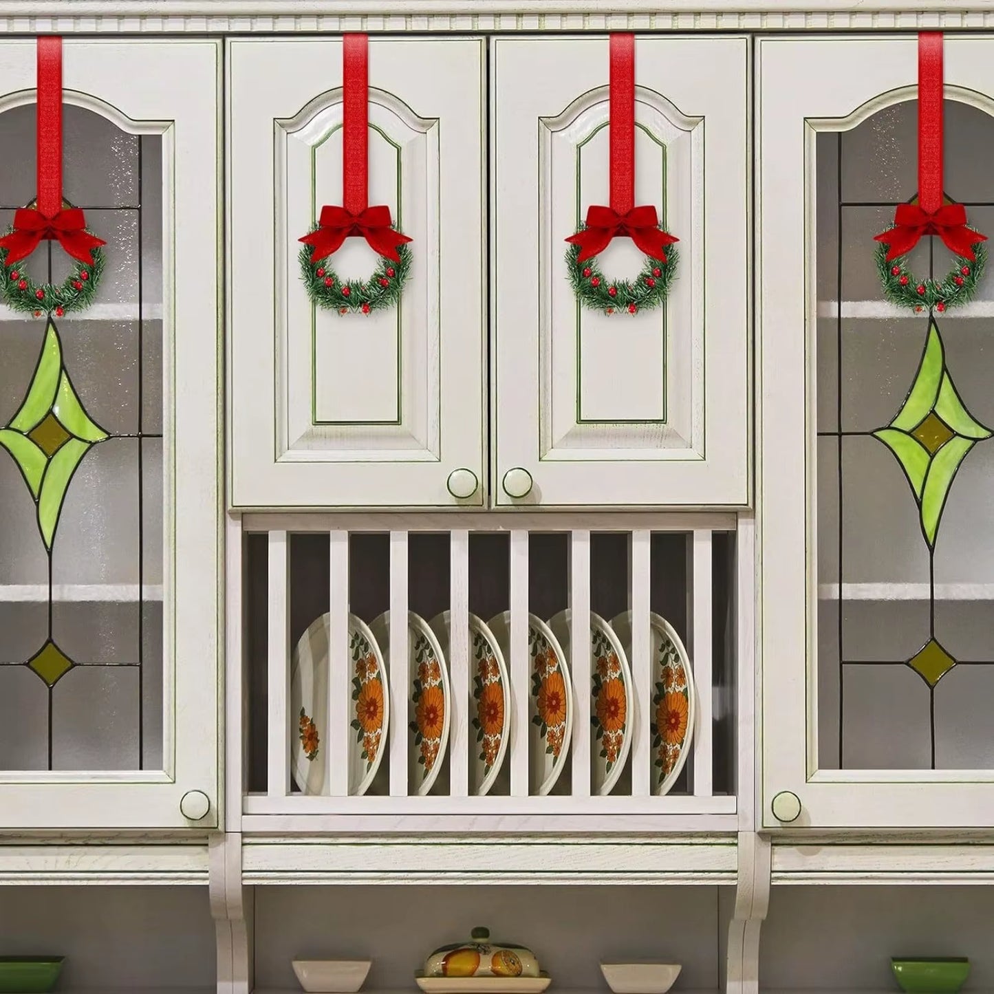 6PCS Christmas Home Wreaths with Plaid Bow Ribbon Hanging Cabinet Doors Wreath Decorative for Kitchen Window Holiday Decor