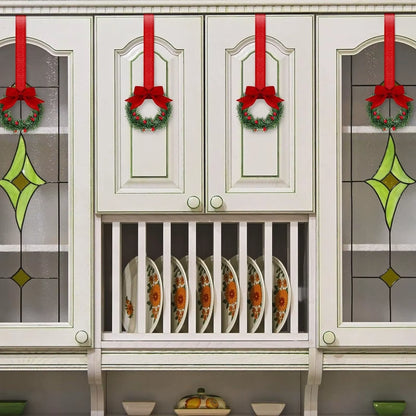 6PCS Christmas Home Wreaths with Plaid Bow Ribbon Hanging Cabinet Doors Wreath Decorative for Kitchen Window Holiday Decor