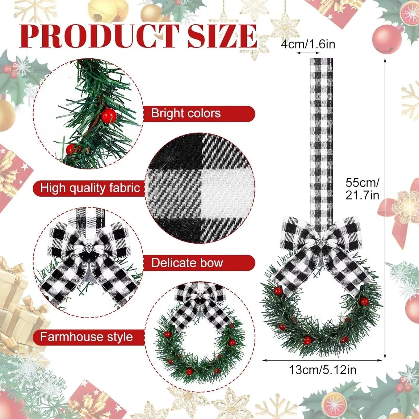 6PCS Christmas Home Wreaths with Plaid Bow Ribbon Hanging Cabinet Doors Wreath Decorative for Kitchen Window Holiday Decor