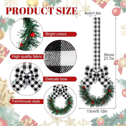 6PCS Christmas Home Wreaths with Plaid Bow Ribbon Hanging Cabinet Doors Wreath Decorative for Kitchen Window Holiday Decor