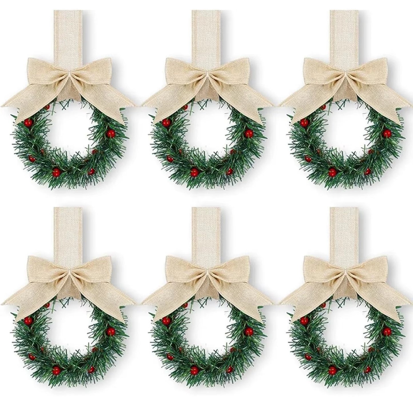 6PCS Christmas Home Wreaths with Plaid Bow Ribbon Hanging Cabinet Doors Wreath Decorative for Kitchen Window Holiday Decor