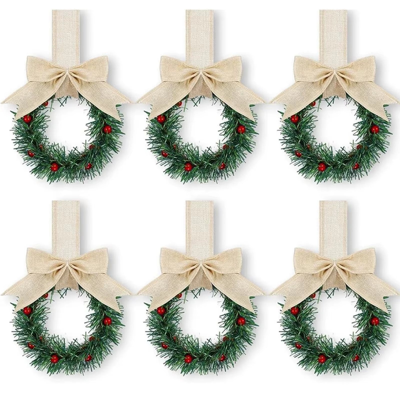 6PCS Christmas Home Wreaths with Plaid Bow Ribbon Hanging Cabinet Doors Wreath Decorative for Kitchen Window Holiday Decor