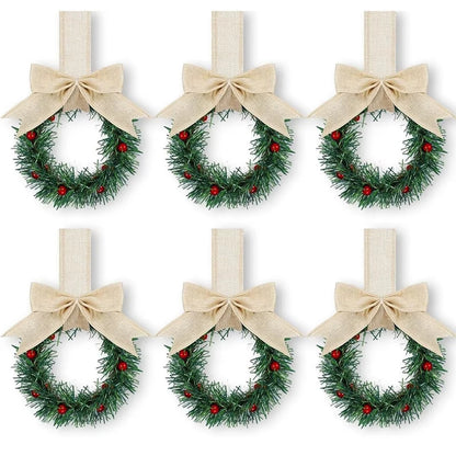 6PCS Christmas Home Wreaths with Plaid Bow Ribbon Hanging Cabinet Doors Wreath Decorative for Kitchen Window Holiday Decor